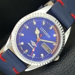 Vintage 1986 Citizen Automatic Mens Silver Watch W/daydate & Blue accents